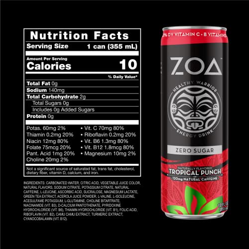 ZOA Sugar-Free Energy Drink, 12 Fl Oz | Tropical Punch (Pack of 12)